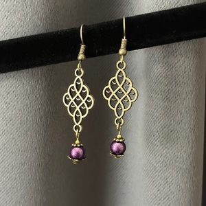NEW Beautiful Boho Victorian Purple Faux Pearl Aged Metal French Hook Earrings